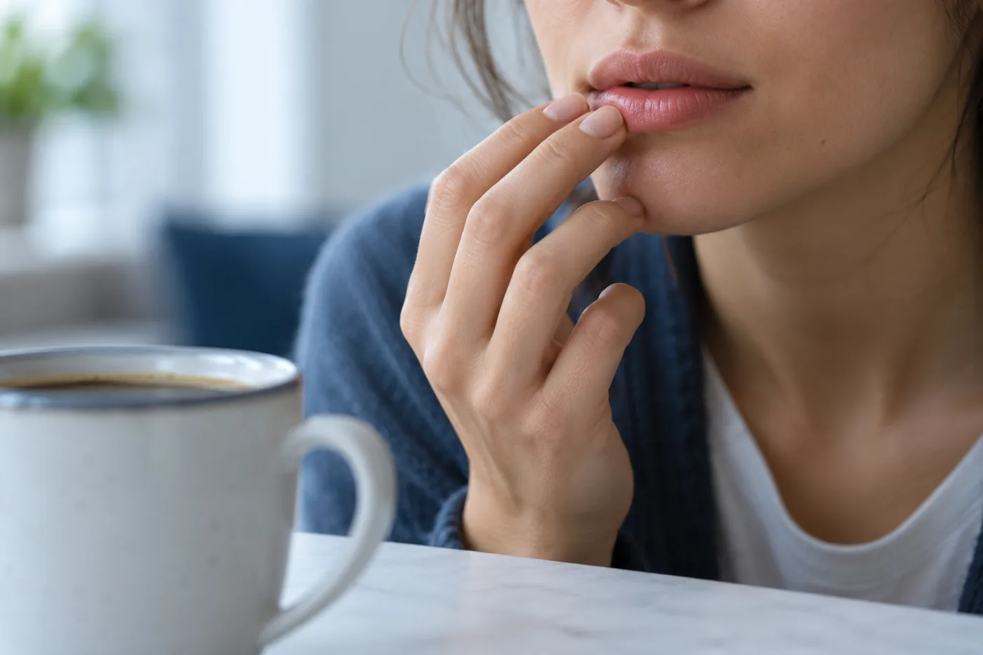 Une personne touche sa lèvre encore endormie après un soin, une tasse de café laissée de côté