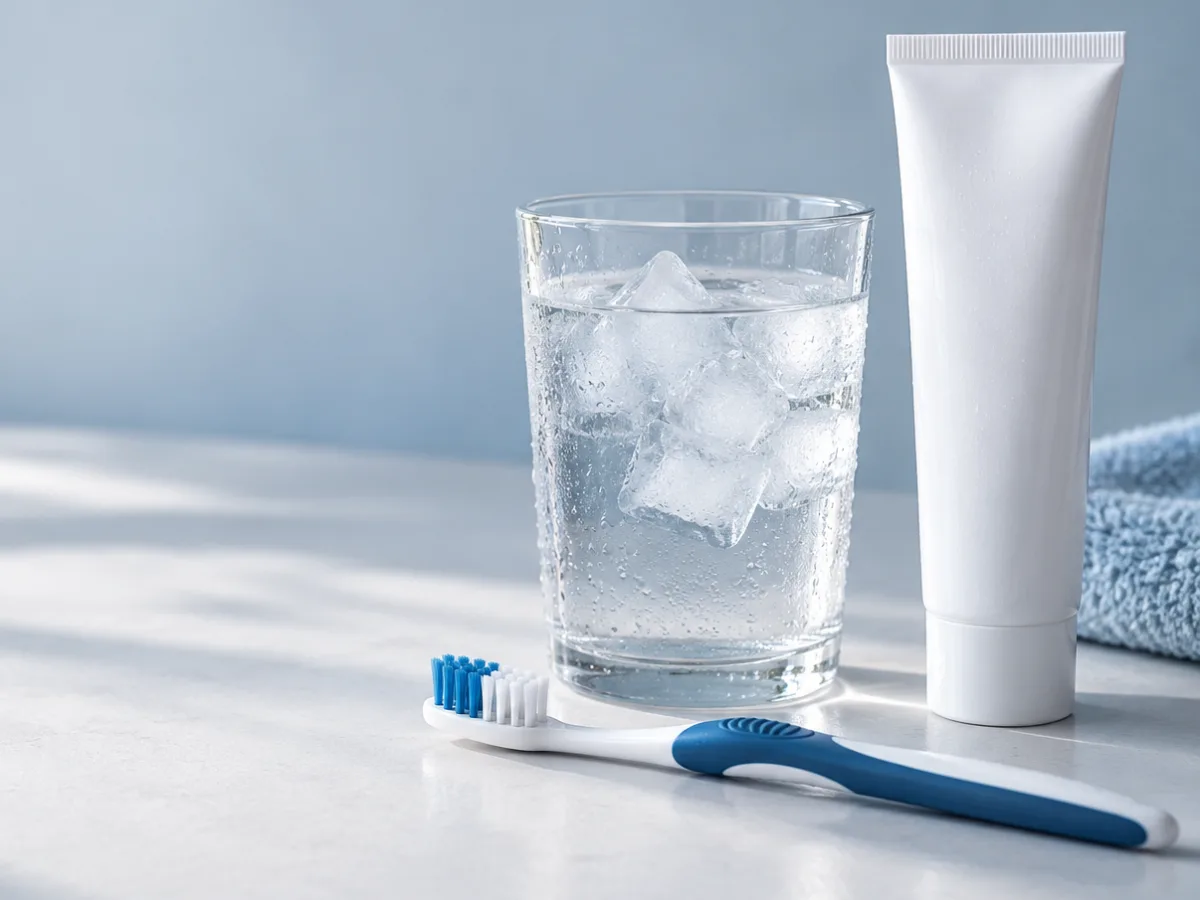 Un verre d’eau glacée, une brosse à dents souple et un tube de dentifrice
