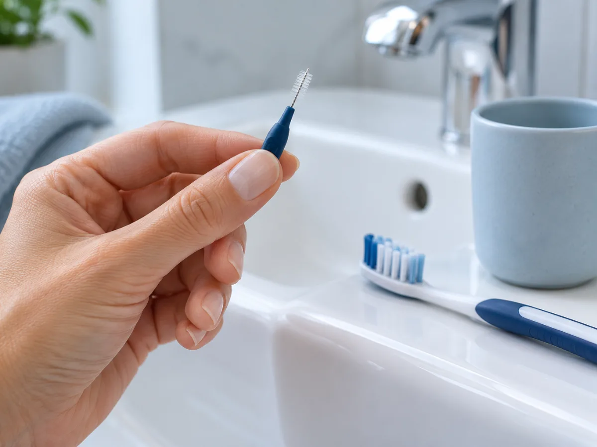 Une main tient une brossette interdentaire au-dessus d’un lavabo
